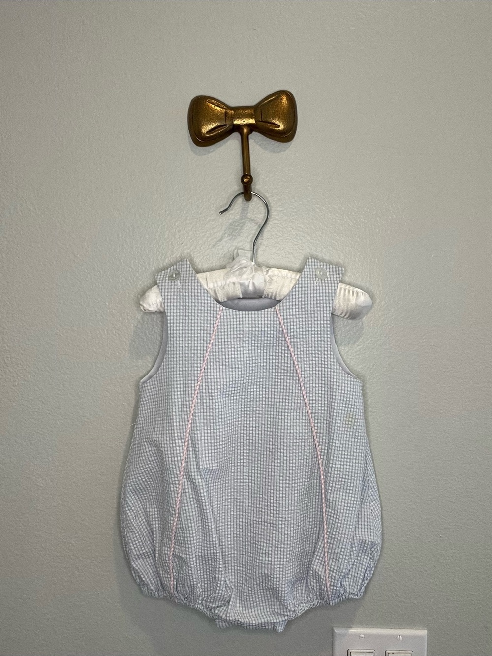 Little English Blue Gingham Baby Bubble Romper with Pink Piping